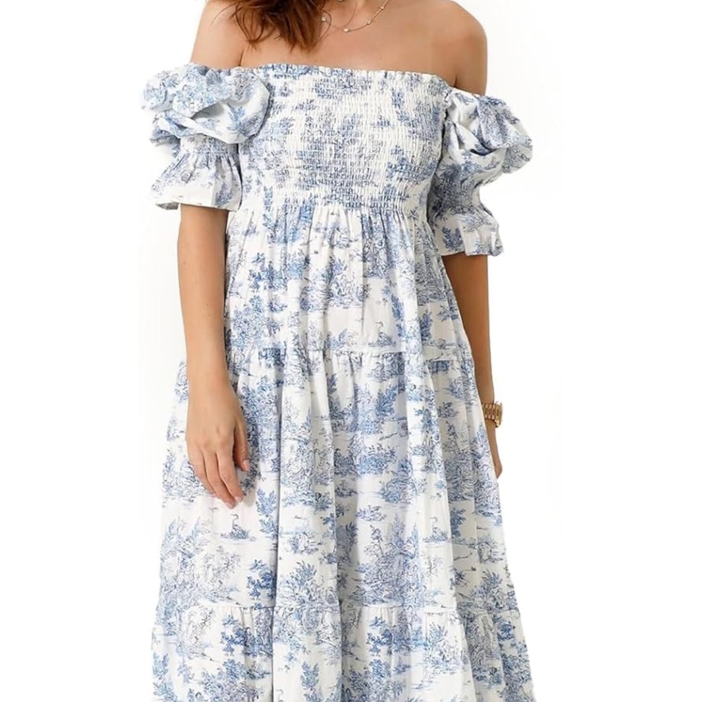 Nothing Fits But Off-Shoulder Blue and White Midi Dress